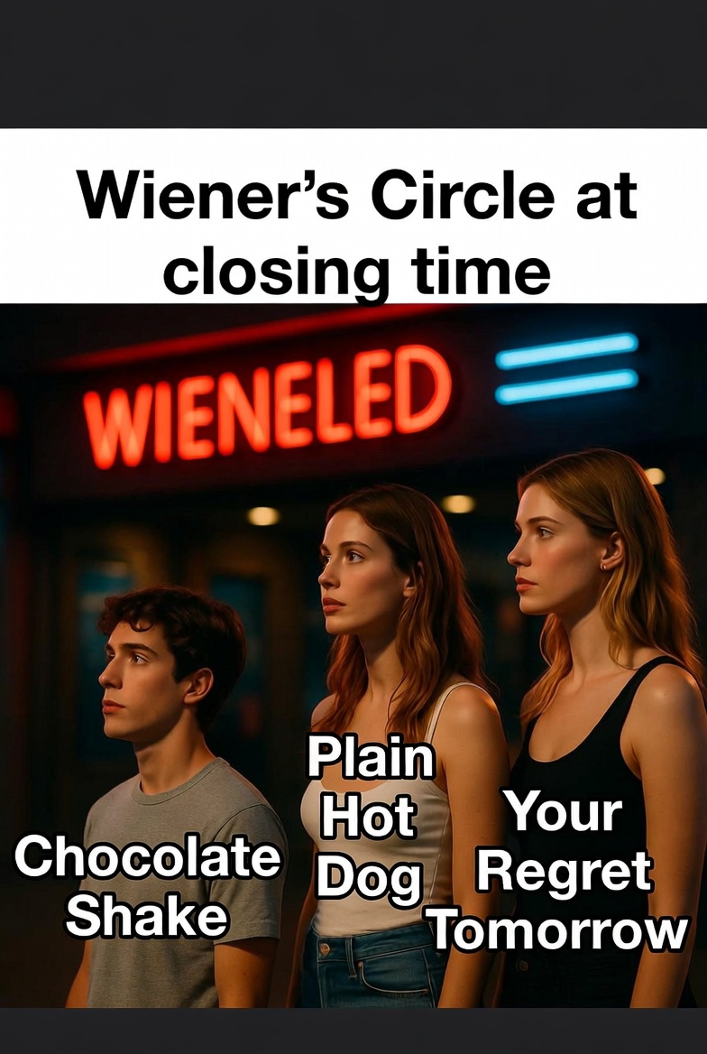 Wiener's Circle at closing time: chocolate shake, plain hot dog, and your regret tomorrow.