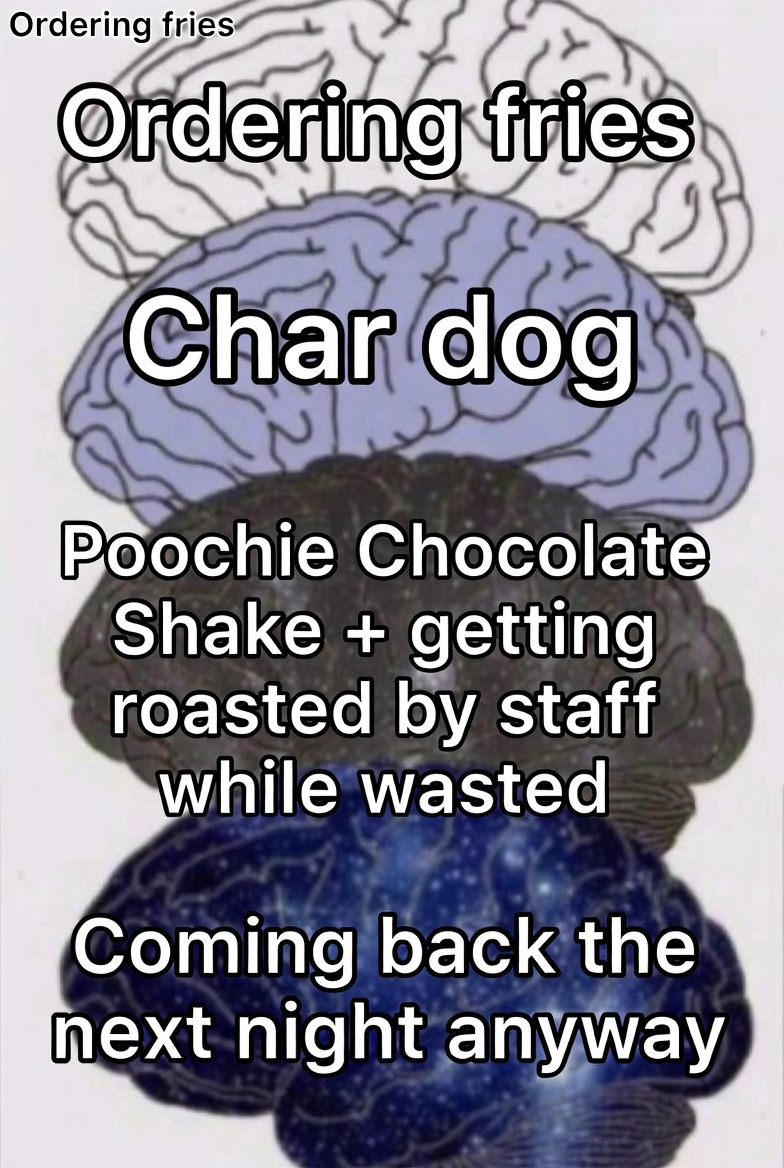 Big-brain Wiener's Circle order: roasted, wasted, and back tomorrow night.